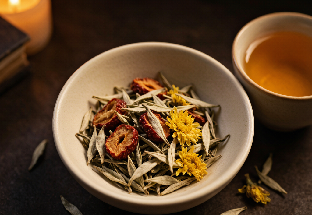 Evening Calm blend: low-caffeine white tea with jujube and chrysanthemum