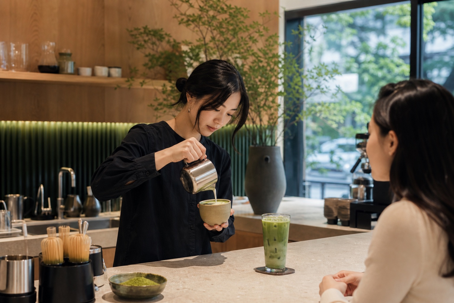 Matcha latte preparation in a modern specialty café
