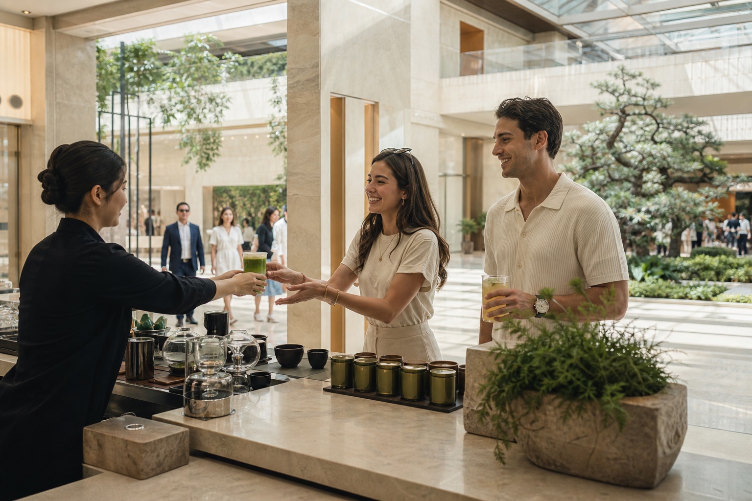 Modern Chinese tea tasting counter in a premium retail setting